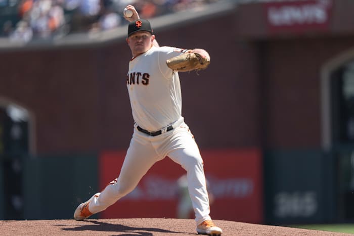 SF Giants starting pitcher Logan Webb pitches during the first inning against the Texas Rangers at Oracle Park on August 13, 2023.