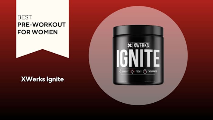 A red background with a white banner that says, "Best Pre-Workout for Women" next to a black and white container of XWerks Ignite pre-workout supplement