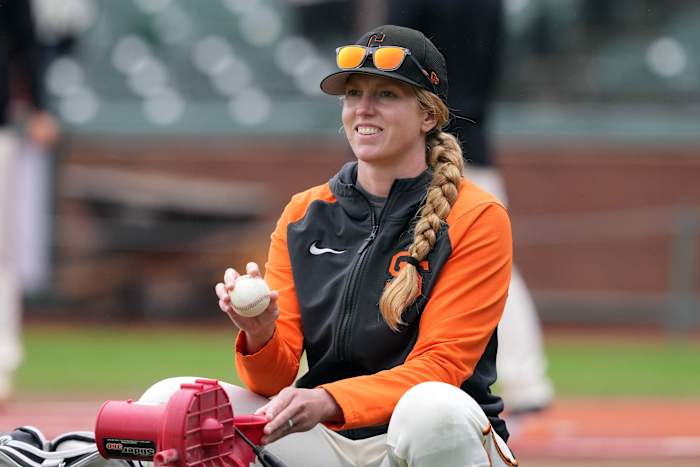 SF Giants major league assistant coach Alyssa Nakken works on the field before the game against the Arizona Diamondbacks at Oracle Park. (2023)