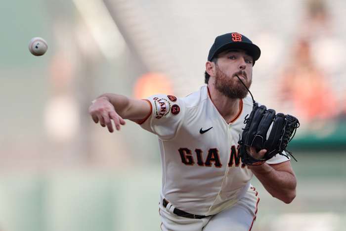SF Giants starting pitcher Ryan Walker throws a pitch against the Tampa Bay Rays during the first inning at Oracle Park on August 14, 2023.