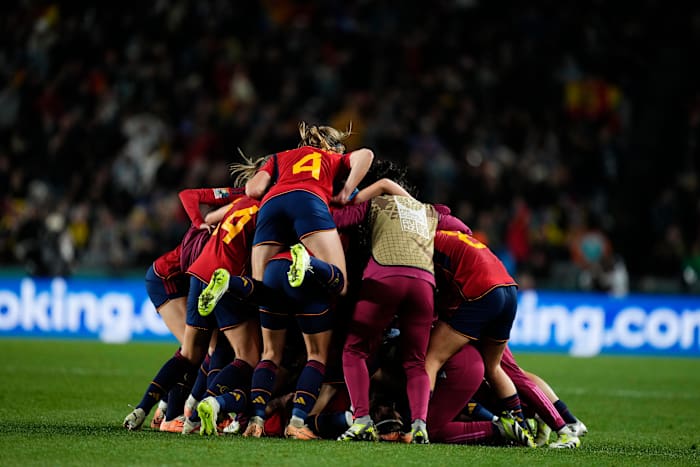 Spain's players pictured celebrating during their 2-1 win over Sweden in the semi-finals of the 2023 FIFA Women's World Cup