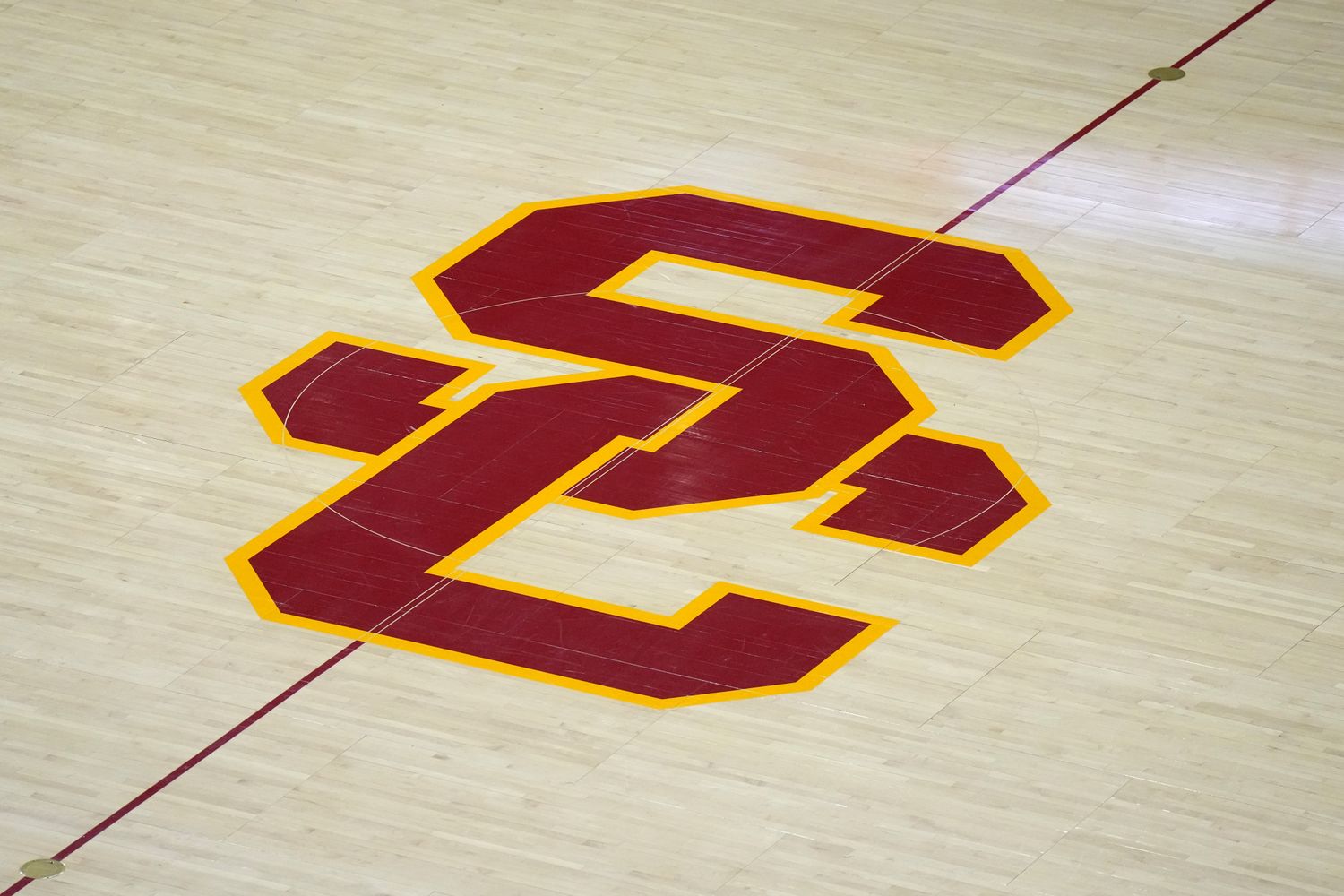 The Southern California Trojans "SC" logo at midcourt at Galen Center.