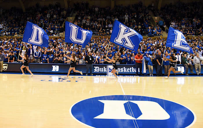 Duke Blue Devils cheerleaders take the floor prior to a basketball game at Cameron Indoor Stadium.