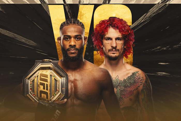 A graphic for the UFC 292 main event title fight between bantamweight champion Aljamain Sterling and Sean O'Malley.