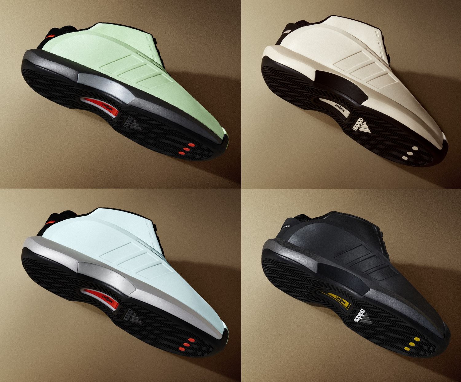 Side view of four multi-color adidas basketball sneakers.