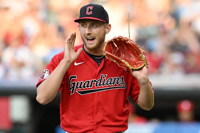 Jul 22, 2023; Cleveland, Ohio, USA; Cleveland Guardians starting pitcher Tanner Bibee (61) shouts to teammates after the end of the third inning against the Philadelphia Phillies at Progressive Field. Mandatory Credit: Ken Blaze-USA TODAY Sports