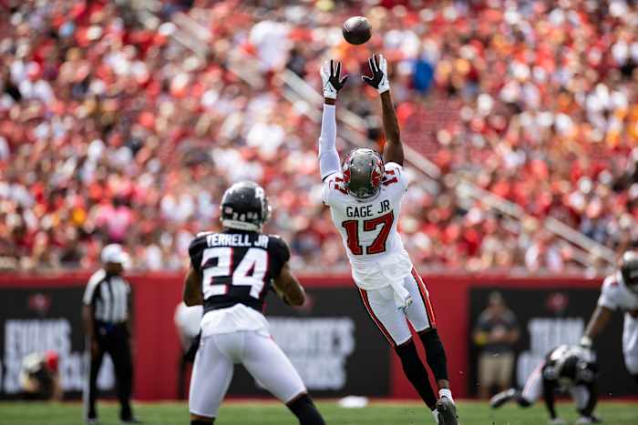 Oct 9, 2022; Tampa, Florida, USA; Tampa Bay Buccaneers wide receiver Russell Gage (17) attempts a catch during the first half against the Atlanta Falcons at Raymond James Stadium. Mandatory Credit: Matt Pendleton-USA TODAY Sports