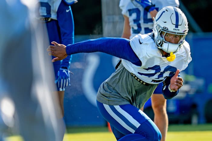 Indianapolis Colts safety Nick Cross (20) runs a play during day #9 practice of Colts Camp, Tuesday, Aug. 8, 2023 at Grand Park in Westfield.  