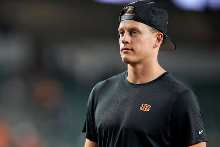 Cincinnati Bengals quarterback Joe Burrow  looks on during a game.