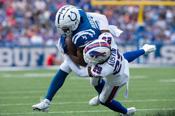 Aug 12, 2023; Orchard Park, New York, USA; Buffalo Bills cornerback Alex Austin (29) tackles Indianapolis Colts wide receiver Amari Rodgers (3) running with the ball during the second half at Highmark Stadium.