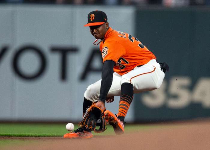 SF Giants shortstop Marco Luciano fields a grounder by Boston Red Sox second baseman Justin Turner during the sixth inning at Oracle Park. (2023)