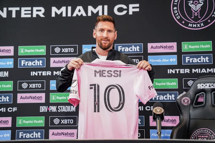 Lionel Messi at an Inter Miami CF press conference ahead of the Leagues Cup Final.