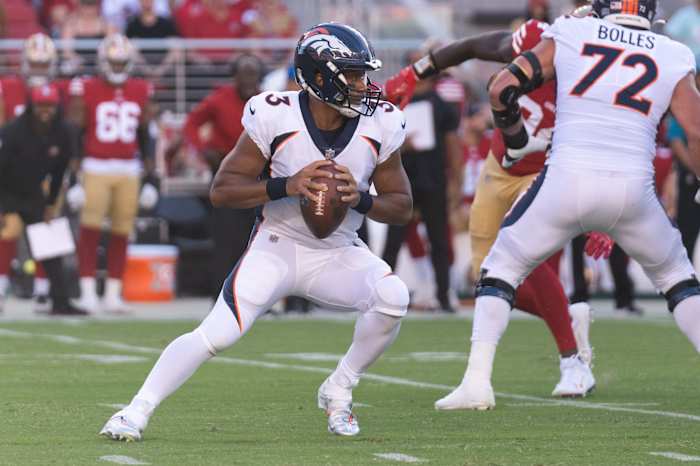 Denver Broncos quarterback Russell Wilson (3) prepares to throw the football during the first quarter against the San Francisco 49ers at Levi's Stadium.
