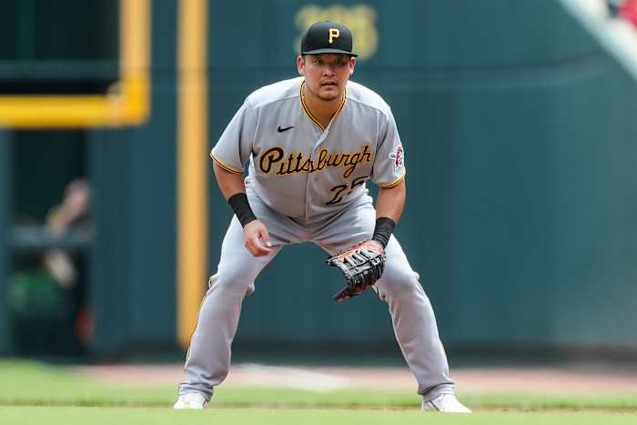 Pittsburgh Pirates first baseman Yoshi Tsutsugo prepares for the pitch against the Cincinnati Reds in the second inning at Great American Ball Park. (2022)