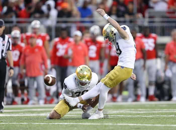 Sep 3, 2022; Notre Dame Fighting Irish place kicker Blake Grupe (99) kicks a field goal against the Ohio State Buckeyes. Mandatory Credit: Joseph Maiorana-USA TODAY Sports