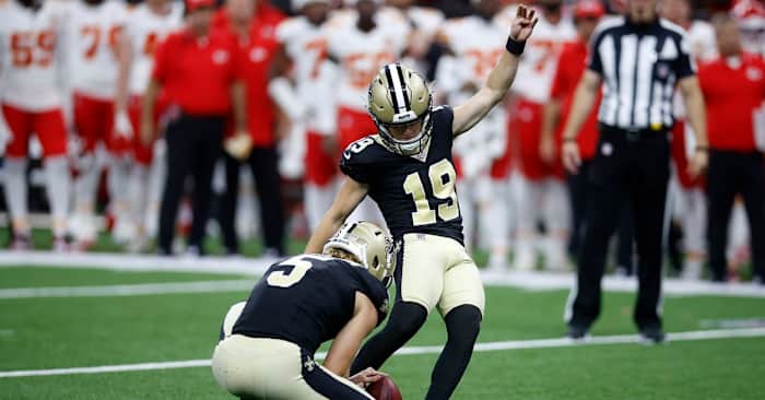 New Orleans Saints K Blake Grupe (19) kicks the game-winning field goal against the Kansas City Chiefs during preseason. Credit: New Orleans Saints
