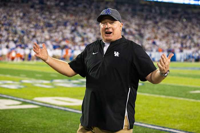 Oct 2, 2021; Lexington, Kentucky, USA; Kentucky Wildcats head coach Mark Stoops celebrates after Kentucky defeated the Florida Gators at Kroger Field. Mandatory Credit: Jordan Prather-USA TODAY Sports