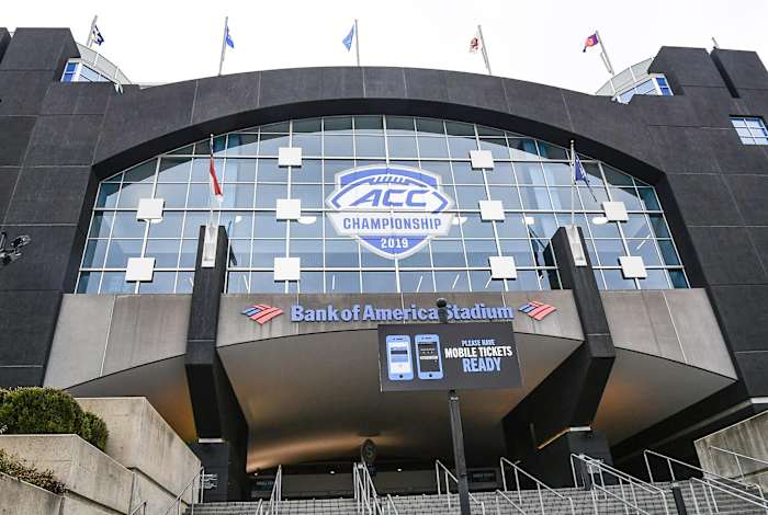 An ACC Championship logo on the side of Bank of America Stadium in Charlotte, North Carolina Friday, December 6, 2019. Acc Football Championship Press Conference