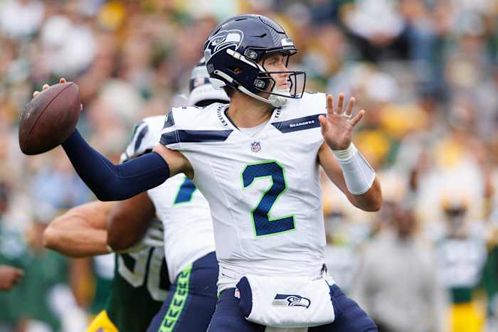 Seattle Seahawks quarterback Drew Lock (2) throws a pass during the first quarter against the Green Bay Packers at Lambeau Field.