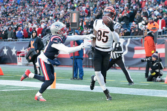 Tee Higgins (85) makes a one-handed catch.