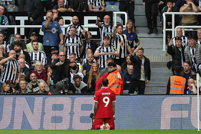 Darwin Nunez pictured celebrating after scoring two late goals in Liverpool's 2-1 win at Newcastle in August 2023