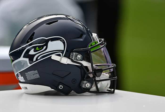 A Seahawks helmet on the team's sideline.