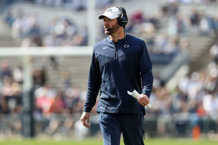 Penn State offensive coordinator Mike Yurcich, pictured during the 2023 Blue-White Game, will call plays from the coaches' booth this season.