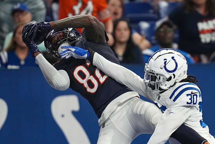 Indianapolis Colts cornerback Darius Rush (30) is unable to stop a touchdown reception by Chicago Bears wide receiver Daurice Fountain (82) during the second half of an NFL preseason game Saturday, Aug. 19, 2023, at Lucas Oil Stadium in Indianapolis. The Colts defeated the Bears, 24-17.