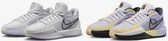 Side view of two pairs of Sabrina Ionescu's Nike basketball shoes.