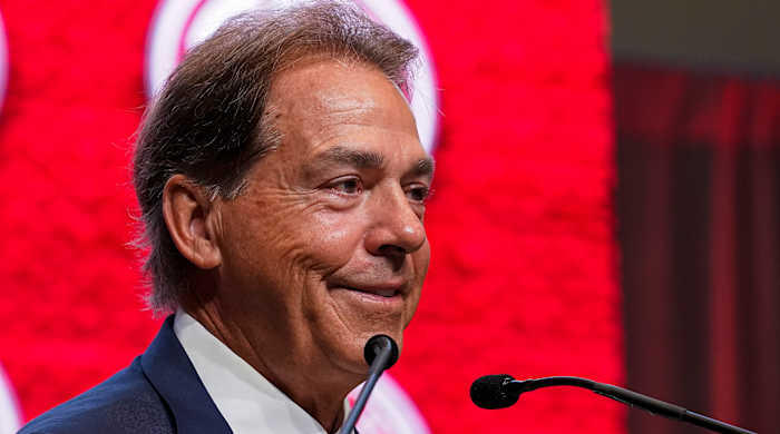 Alabama coach Nick Saban smiles during a press conference