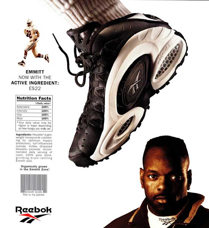 A vintage promotional poster for Emmitt Smith's Reebok shoes.