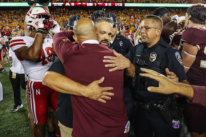 Nebraska Minnesota 2023 - Nebraska head coach Matt Rhule congratulates Minnesota head coach P.J. Fleck