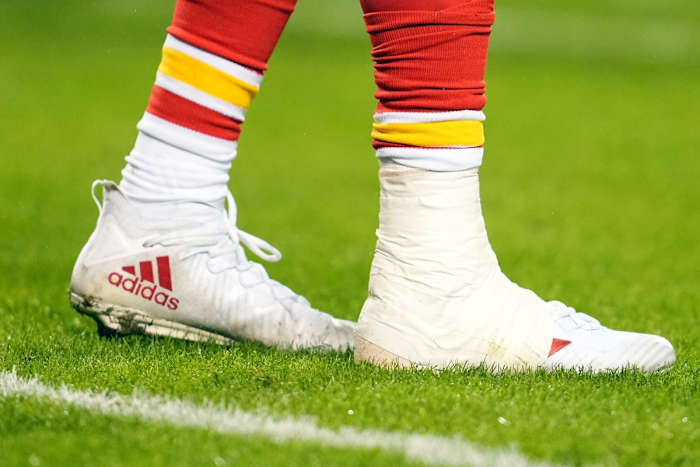 Patrick Mahomes suffered a high-ankle sprain against the Jaguars in the 2023 AFC championship game.