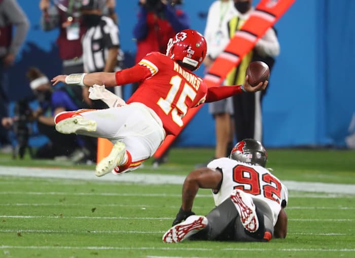 Chiefs quarterback Patrick Mahomes can make a throw from almost any angle, including falling sideways while trying to complete a pass.