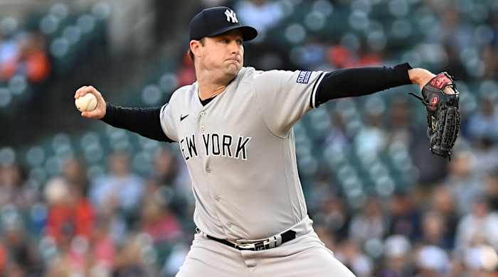 New York Yankees pitcher Gerrit Cole throws a pitch against the Detroit Tigers.