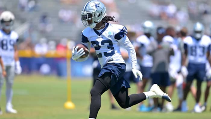 Jul 29, 2022; Onxard, CA, USA; Dallas Cowboys running back Rico Dowdle (23) runs the ball.