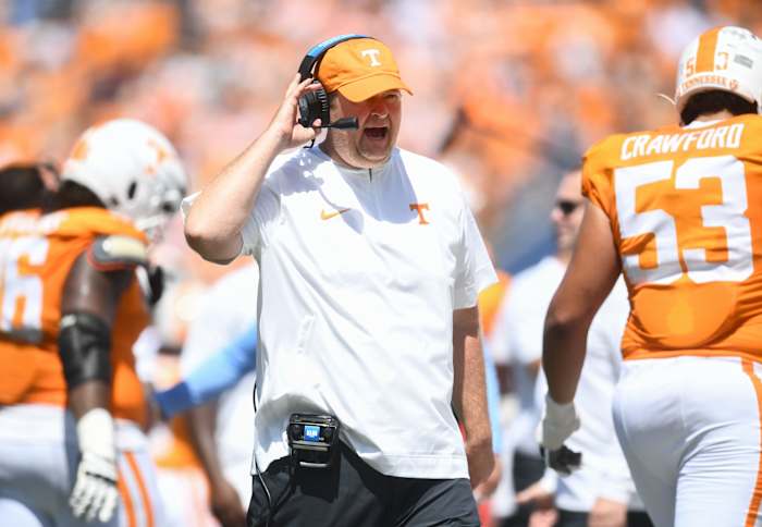 Tennessee HC Josh Heupel during the Virginia game on September 2nd, 2023, in Nashville, Tennessee. (Photo by Caitie Mcmekin of the News Sentinel)