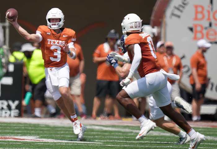 Texas Longhorns quarterback Quinn Ewers (3) looks to pass the ball against the Rice Owls in the first half of an NCAA college football game, Saturday, Sept. 2, 2023, in Austin, Texas.