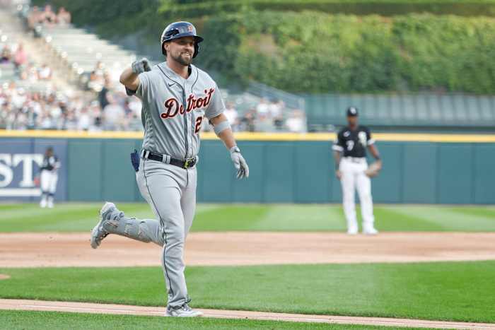 Detroit Tigers 2B Andre Lipcius after hitting a two-run homer against the Chicago White Sox on September 2nd, 2023, in Chicago, Illinois. (Photo by Kamil Krzaczynski of USA Today Sports)
