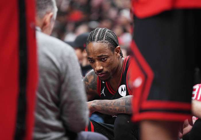 Nov 6, 2022; Toronto, Ontario, CAN; Chicago Bulls forward DeMar DeRozan (11) sits on the bench against the Toronto Raptors during the fourth quarter at Scotiabank Arena.