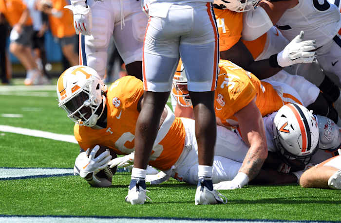 Tennessee Volunteers RB Dylan Sampson diving into the end-zone for a touchdown in the win over Virginia on September 2nd, 2023, in Nashville, Tennessee. (Photo by Christopher Hanewinckel of USA Today Sports)