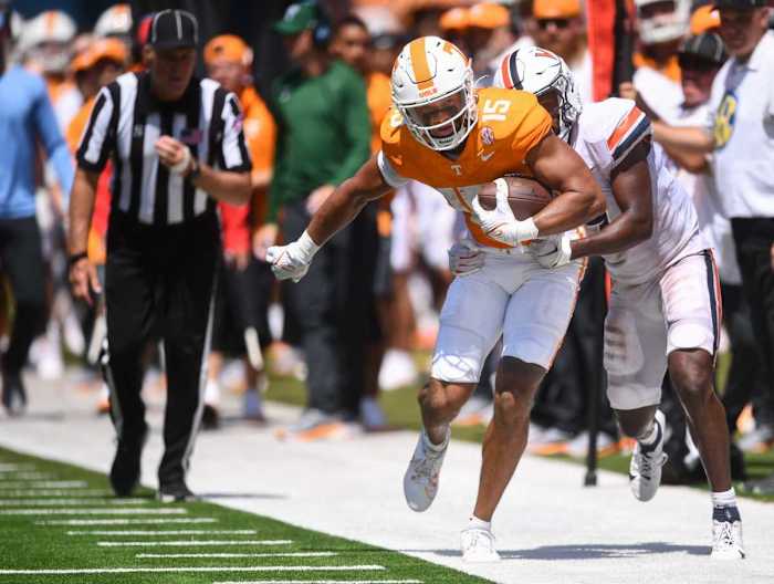 Tennessee Volunteers WR Bru McCoy fighting for a first down in the win over Virginia on September 2nd, 2023, in Nashville, Tennessee. (Photo by Caitie McMekin of the News Sentinel)