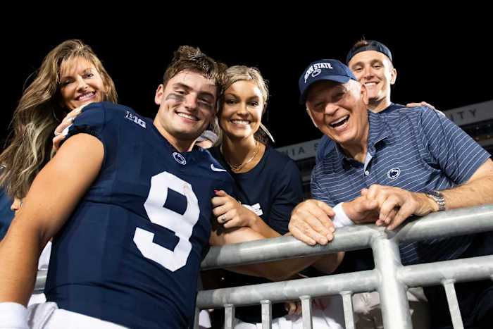 Penn State quarterback Beau Pribula poses for a photo with family members after the Nittany Lions' win over West Virginia.