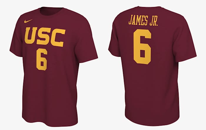Front and back of Bronny James' cardinal and gold USC Trojans shirt.