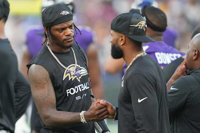 Lamar Jackson, Odell Beckham and the Baltimore Ravens will host the Houston Texans in Week 1. (Mitch Stringer/USA Today)