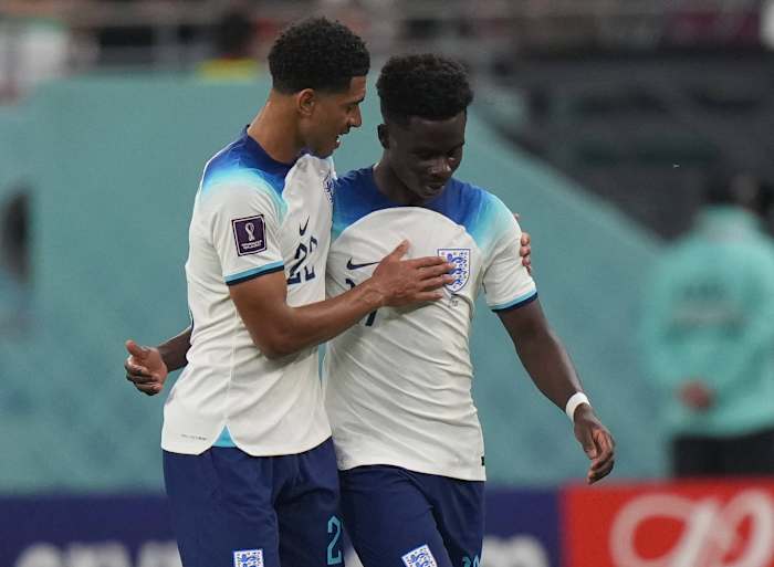 England players Jude Bellingham and Bukayo Saka pictured during the 2022 FIFA World Cup in Qatar