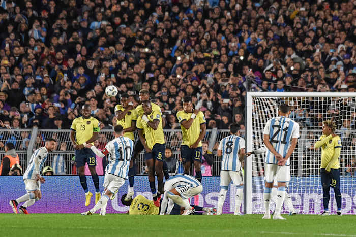 Lionel Messi pictured (no.10) scoring direct from a free-kick in Argentina's 1-0 win over Ecuador in September 2023