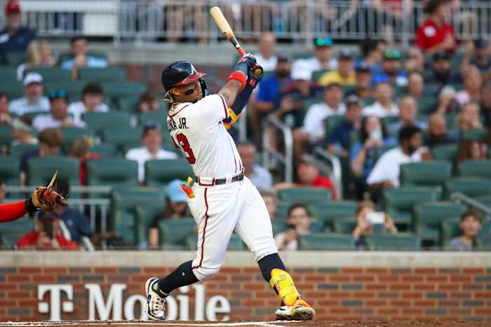 Sep 7, 2023; Atlanta, Georgia, USA; Atlanta Braves right fielder Ronald Acuna Jr. (13) hits a home run against the St. Louis Cardinals in the first inning at Truist Park. Mandatory Credit: Brett Davis-USA TODAY Sports