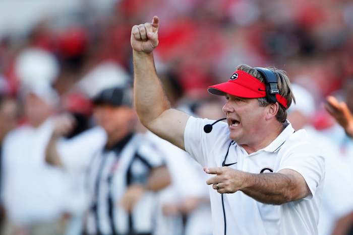 Kirby Smart reacts during the first half of a NCAA college football game against Tennessee Martin in Athens, Ga., on Saturday, Sept. 2, 2023.