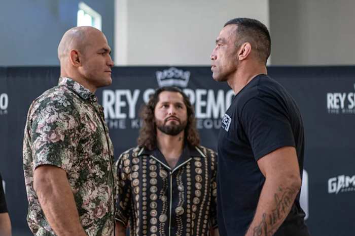 Former UFC champions Junior dos Santos and Fabricio Werdum stare down ahead of Gamebred Bareknuckle 5.